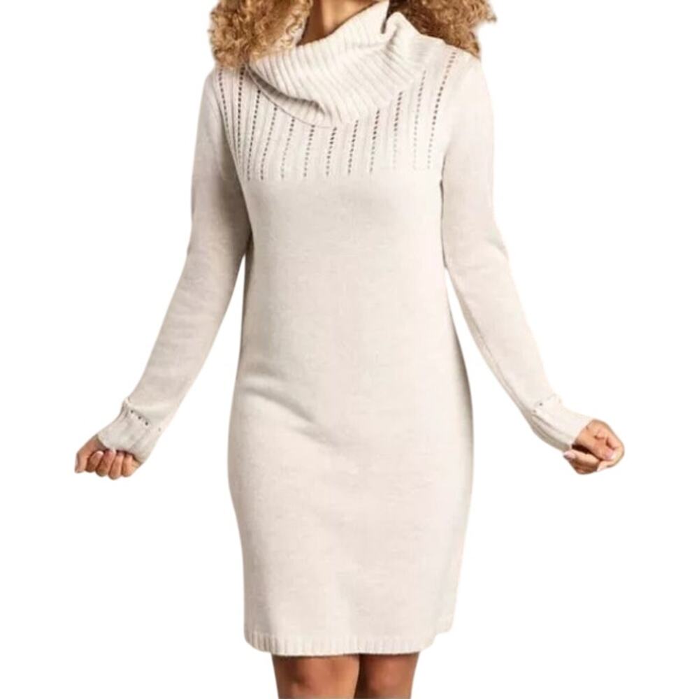 Toad & Co Chelsea II Turtleneck Sweater Dress Shift Mini Eyelet Wool White Large